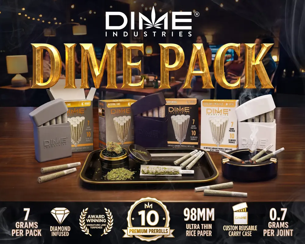 Dime Pack email graphic: gold Dime Pack title over ten-pack boxes, a grinder, and pre-rolls on a lounge table